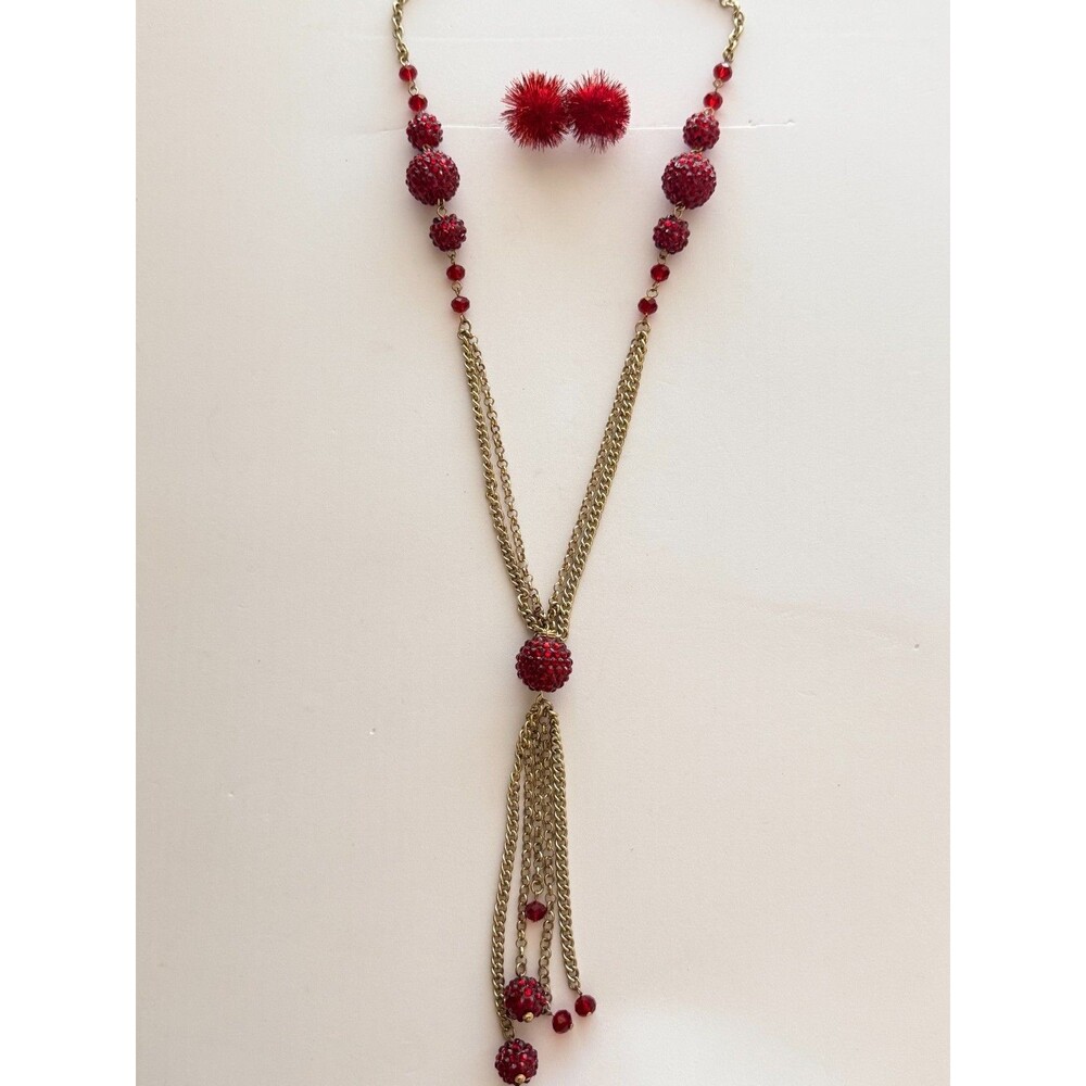 Vintage  Red Rhinestone Shamballa Ball Tassel Necklace & Earring Set - Picture 2 of 8